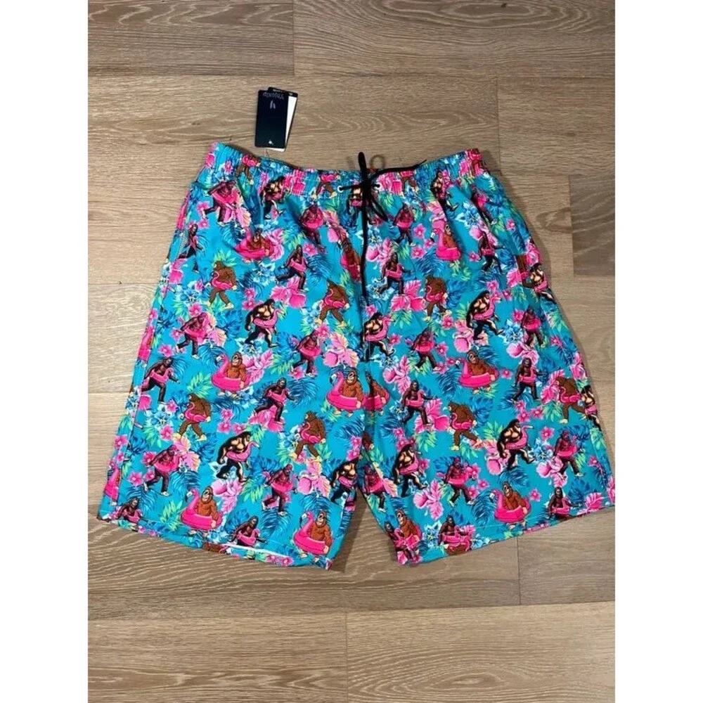 Tropical Bigfoot Flamingo Swim Trunks Men's XL Blue Mesh Lined Shorts